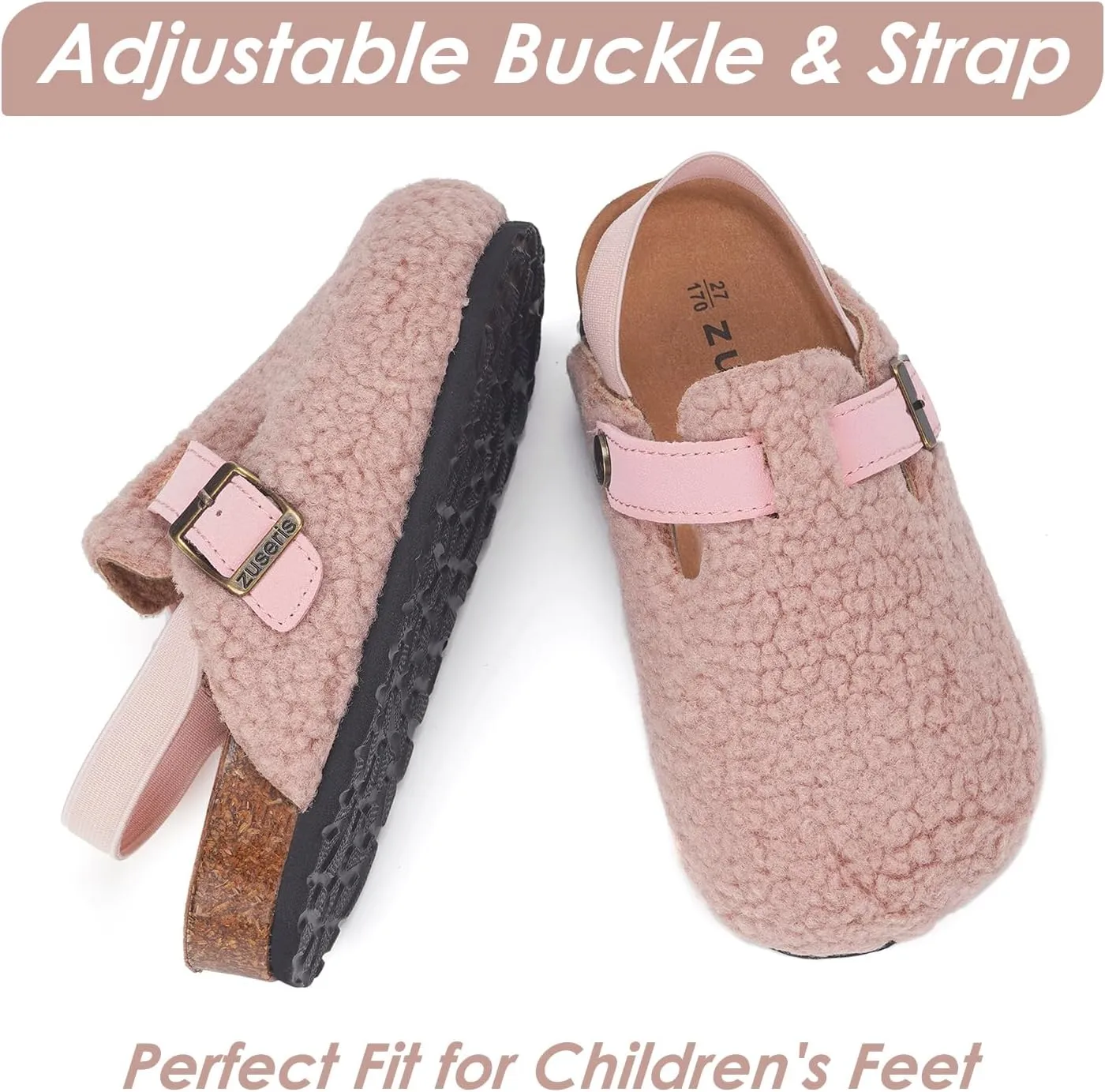Kids Clogs Toddler Fuzzy Clog Slippers with Strap Boys Girls Cork Footbed Mules Classic Slip On Fleece Potato Shoes with Adjustable Buckle