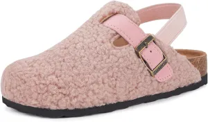 Kids Clogs Toddler Fuzzy Clog Slippers with Strap Boys Girls Cork Footbed Mules Classic Slip On Fleece Potato Shoes with Adjustable Buckle