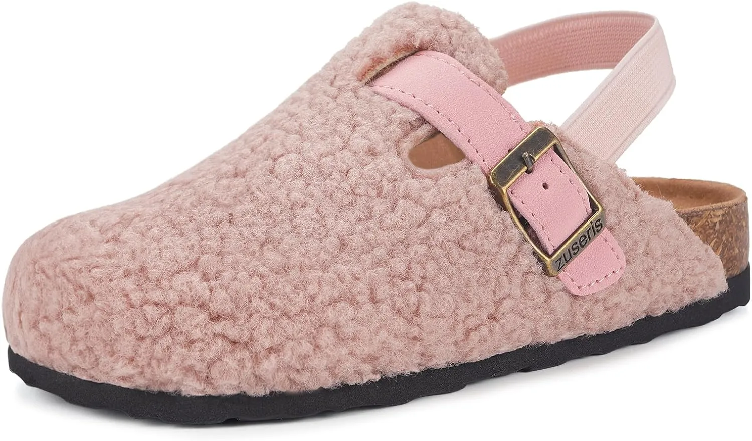 Kids Clogs Toddler Fuzzy Clog Slippers with Strap Boys Girls Cork Footbed Mules Classic Slip On Fleece Potato Shoes with Adjustable Buckle