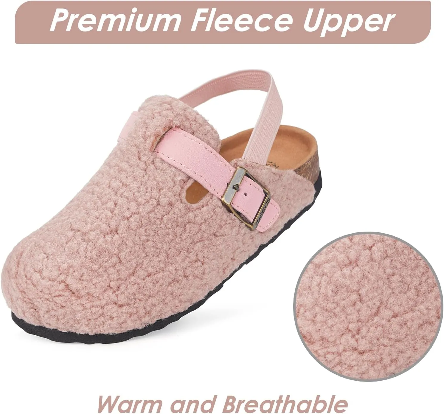 Kids Clogs Toddler Fuzzy Clog Slippers with Strap Boys Girls Cork Footbed Mules Classic Slip On Fleece Potato Shoes with Adjustable Buckle