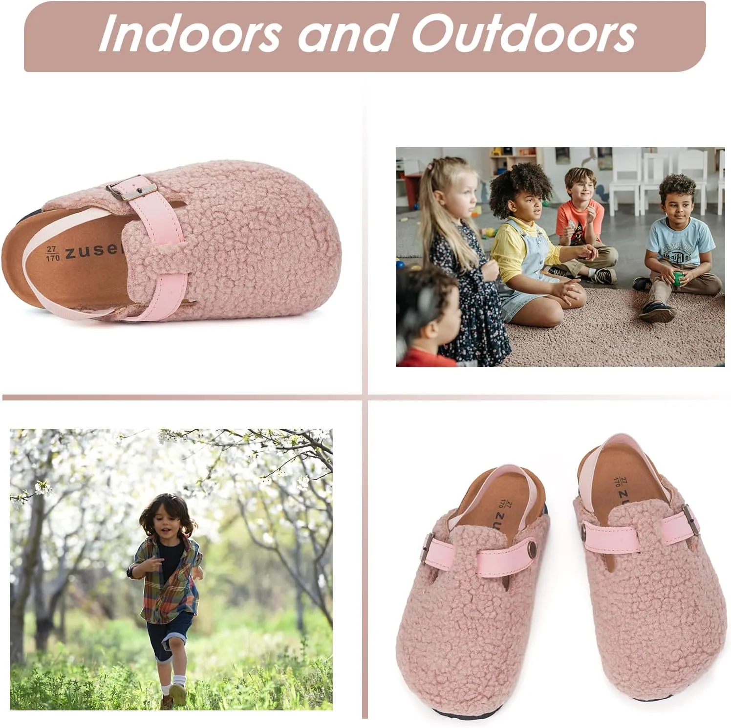 Kids Clogs Toddler Fuzzy Clog Slippers with Strap Boys Girls Cork Footbed Mules Classic Slip On Fleece Potato Shoes with Adjustable Buckle