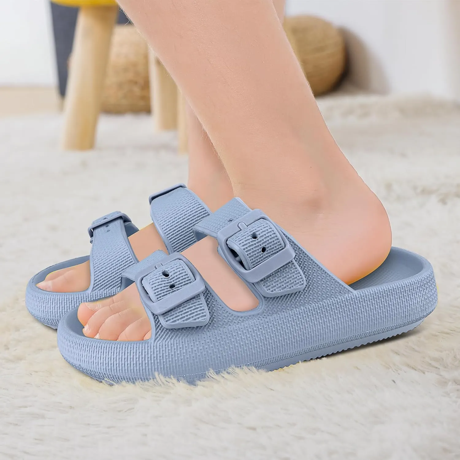 Kids Cloud Slides Girls Boys Double Buckle Slip On Sandals Youth Adjustable Flip Flops Summer Soft Pillow Slippers EVA Flat Beach Pool Shower Shoes