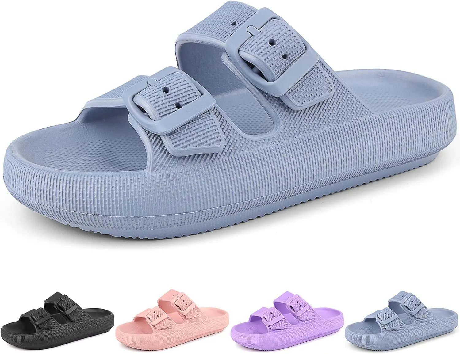 Kids Cloud Slides Girls Boys Double Buckle Slip On Sandals Youth Adjustable Flip Flops Summer Soft Pillow Slippers EVA Flat Beach Pool Shower Shoes