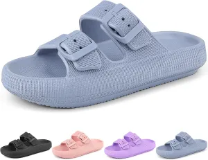 Kids Cloud Slides Girls Boys Double Buckle Slip On Sandals Youth Adjustable Flip Flops Summer Soft Pillow Slippers EVA Flat Beach Pool Shower Shoes