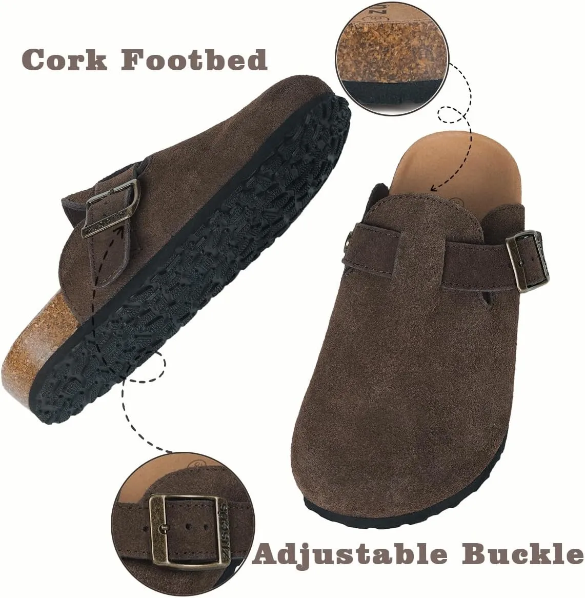 Kids Suede Clogs Boys Girls Cork Footbed Potato Shoes Classic Slip On Leather Mules Children Indoor Outdoor Sandals with Adjustable Buckle