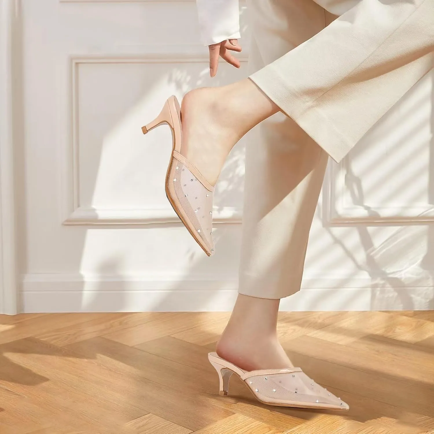 KISSASA Slingback Kitten Heels Mules for Women Pointed Toe Breathable Mesh Slip on Heeled Sandals Backless Pumps