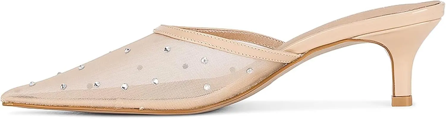 KISSASA Slingback Kitten Heels Mules for Women Pointed Toe Breathable Mesh Slip on Heeled Sandals Backless Pumps