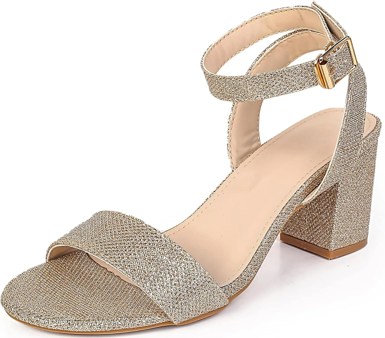 kkdom Glitter Sandals - Strappy, Chunky Pumps; Low Heels, Open Toe Block Heels for Women - Wedding, Dress, Party Wear