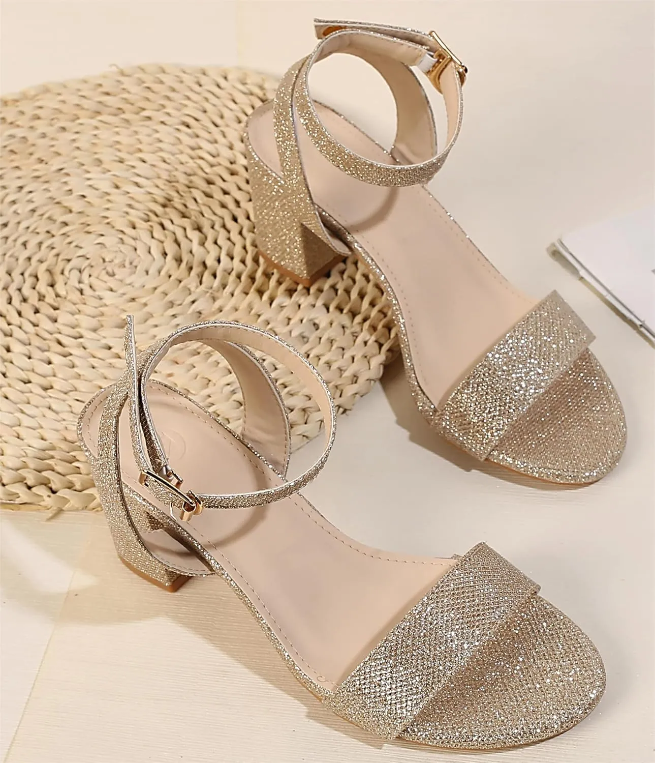 kkdom Glitter Sandals - Strappy, Chunky Pumps; Low Heels, Open Toe Block Heels for Women - Wedding, Dress, Party Wear