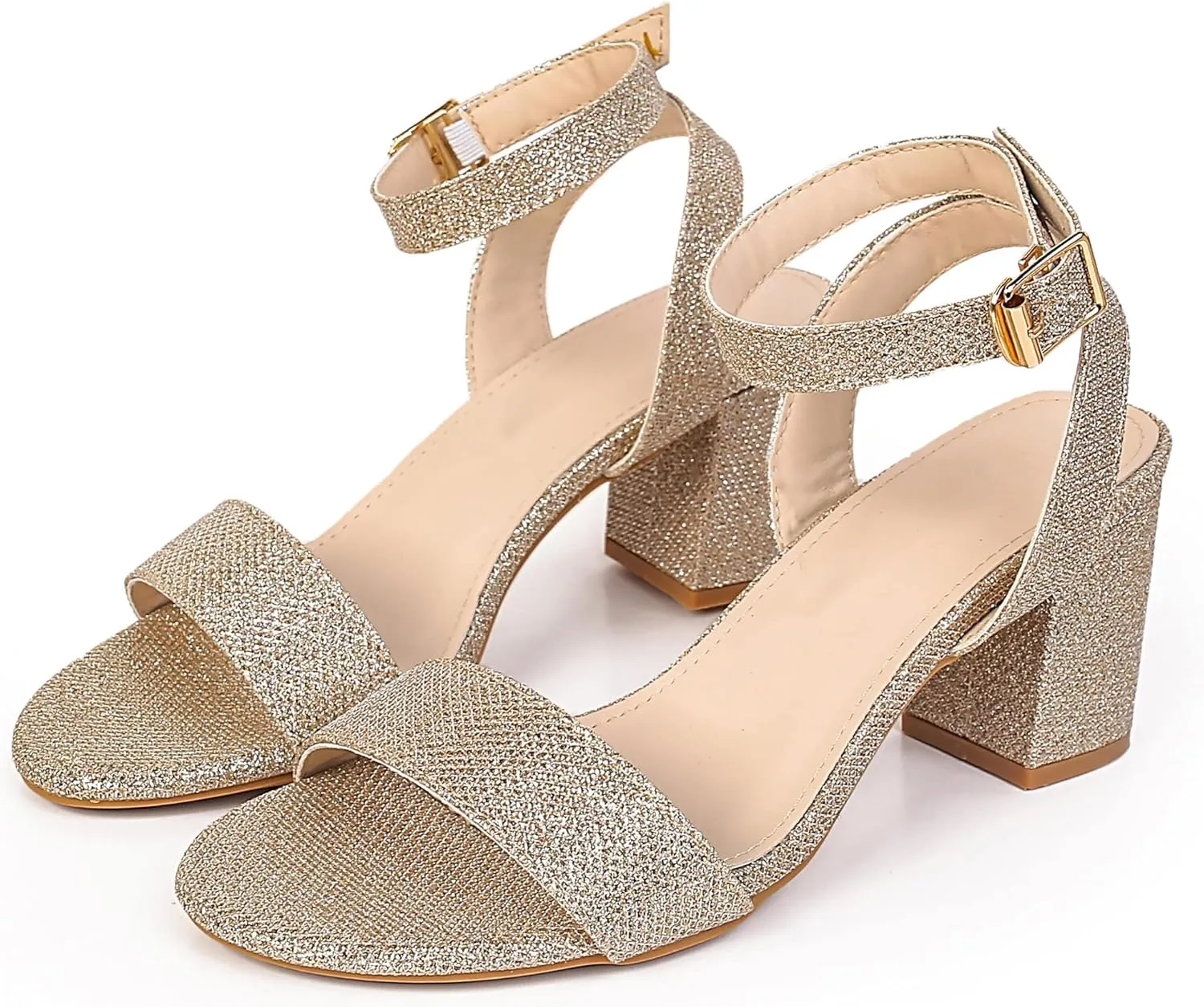 kkdom Glitter Sandals - Strappy, Chunky Pumps; Low Heels, Open Toe Block Heels for Women - Wedding, Dress, Party Wear