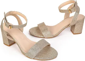 kkdom Glitter Sandals - Strappy, Chunky Pumps; Low Heels, Open Toe Block Heels for Women - Wedding, Dress, Party Wear