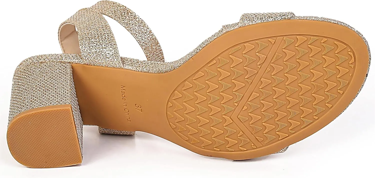 kkdom Glitter Sandals - Strappy, Chunky Pumps; Low Heels, Open Toe Block Heels for Women - Wedding, Dress, Party Wear