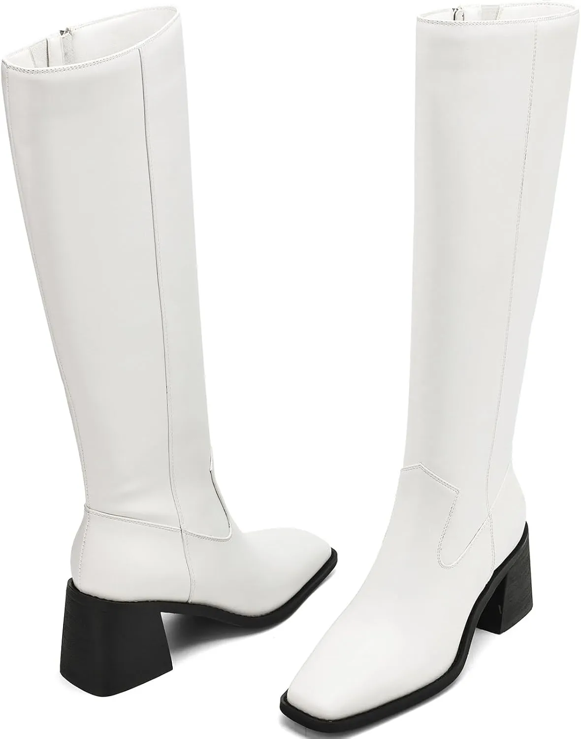 Knee High Boots Women Chunky Heel Fashion Faux Leather Tall Boots Square Toe Block Heeled Long Riding Boots