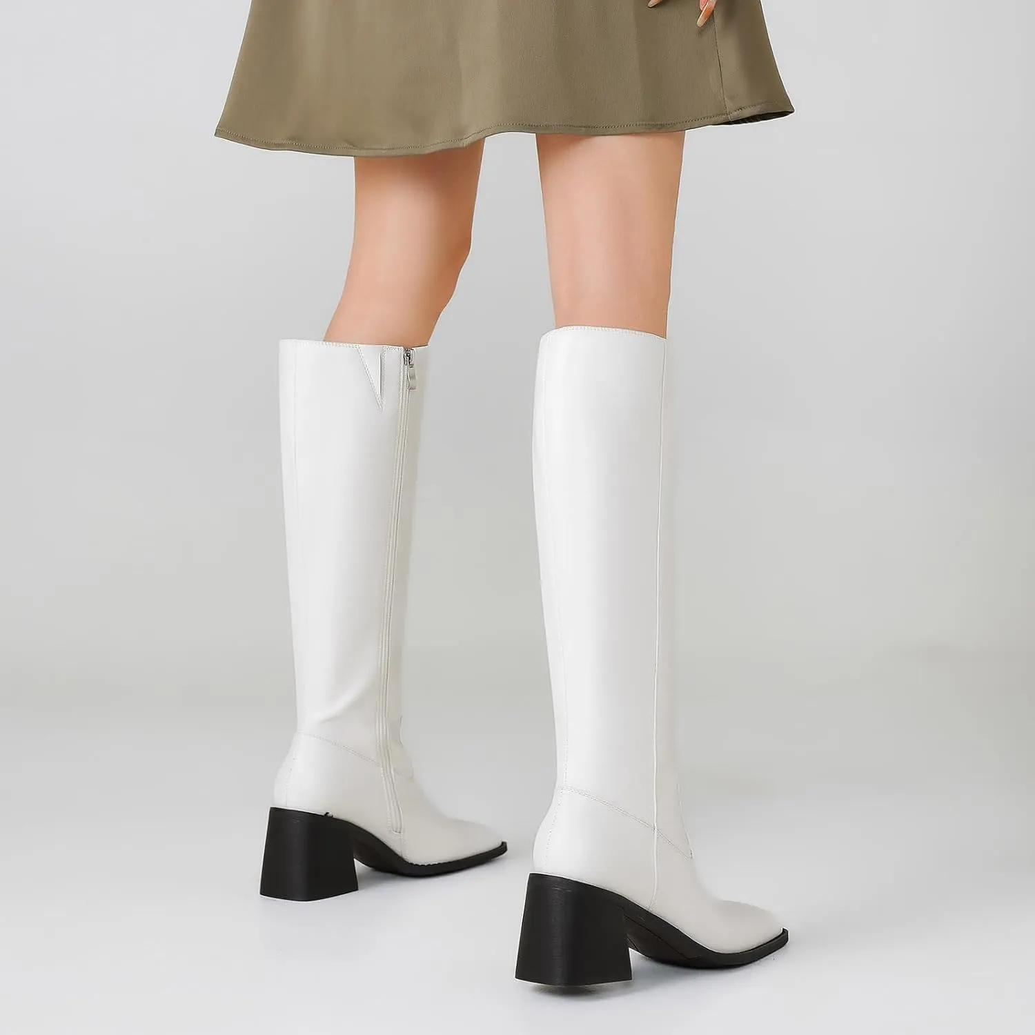 Knee High Boots Women Chunky Heel Fashion Faux Leather Tall Boots Square Toe Block Heeled Long Riding Boots