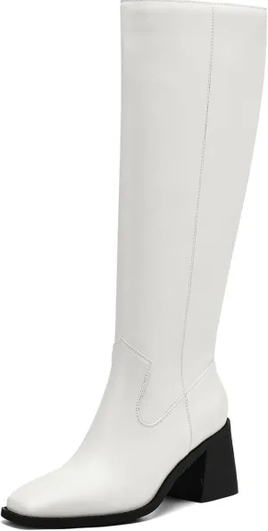 Knee High Boots Women Chunky Heel Fashion Faux Leather Tall Boots Square Toe Block Heeled Long Riding Boots