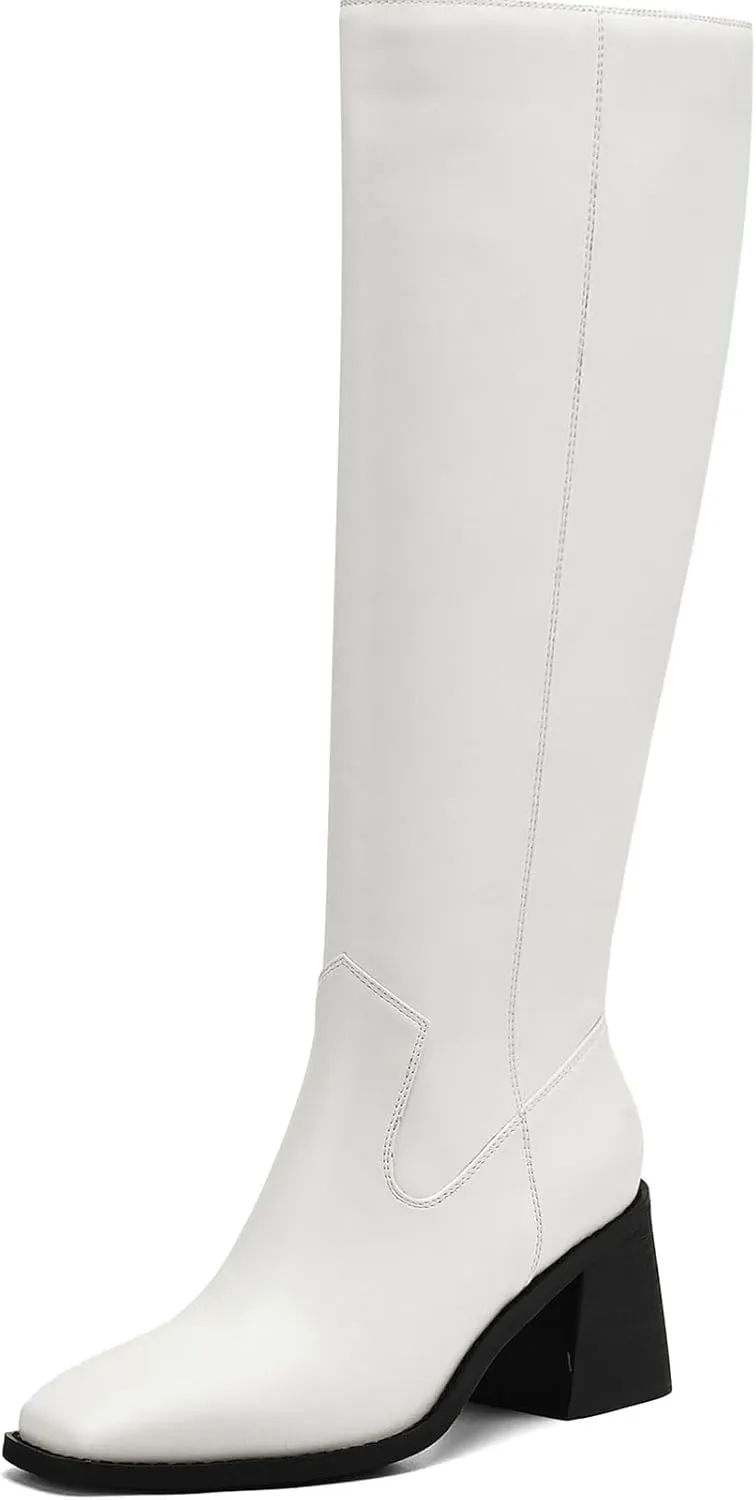 Knee High Boots Women Chunky Heel Fashion Faux Leather Tall Boots Square Toe Block Heeled Long Riding Boots