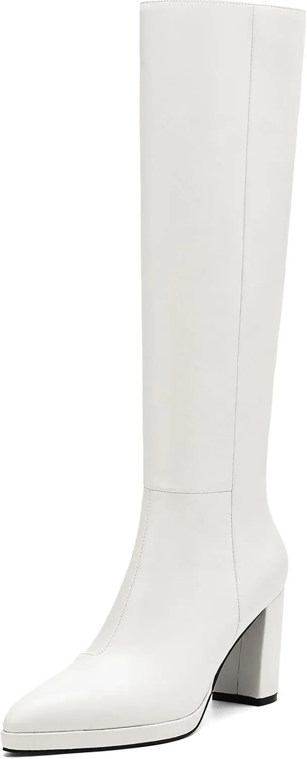 Knee High Boots Women Platform Chunky Go Go Boots Pointed Toe Tall Boots Fashion Long Boots Block High Heels Side Zip