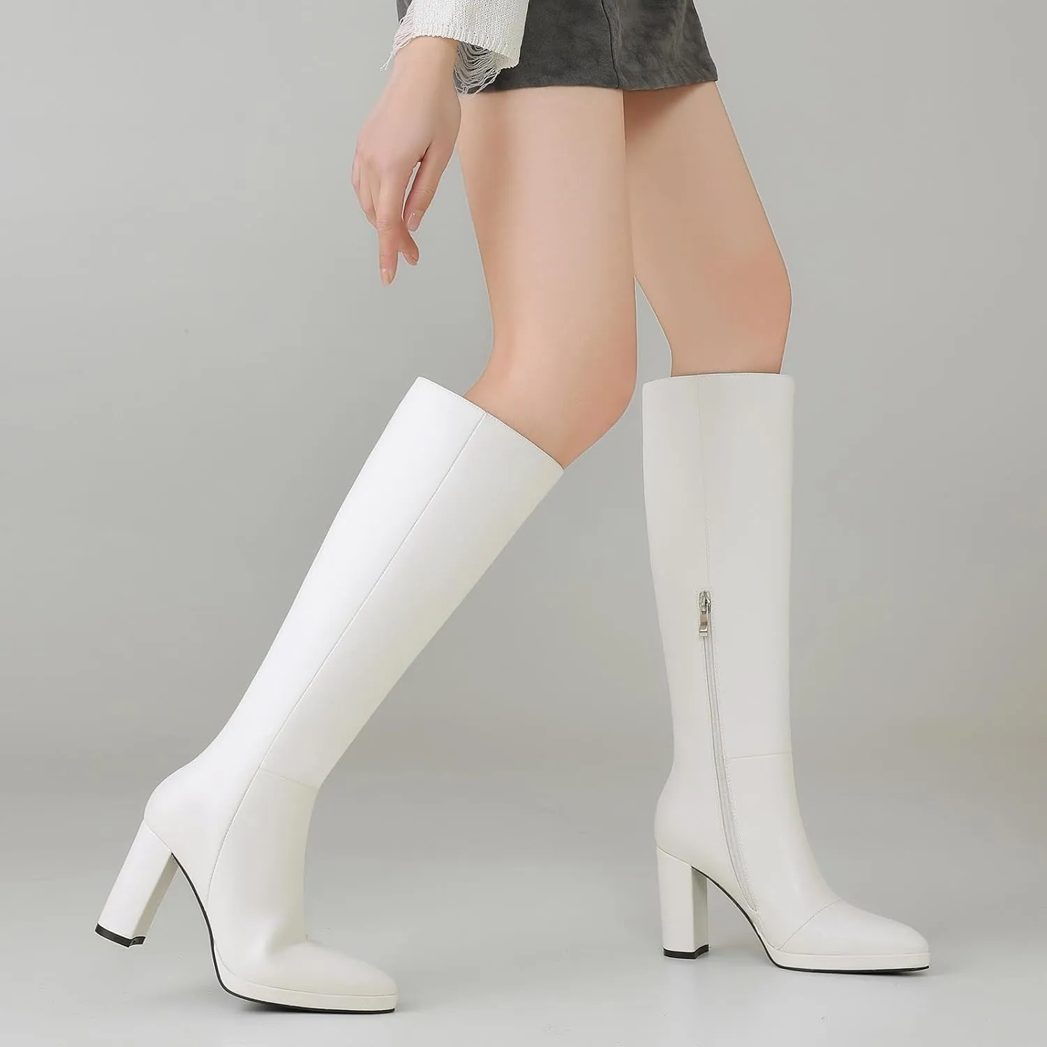 Knee High Boots Women Platform Chunky Go Go Boots Pointed Toe Tall Boots Fashion Long Boots Block High Heels Side Zip