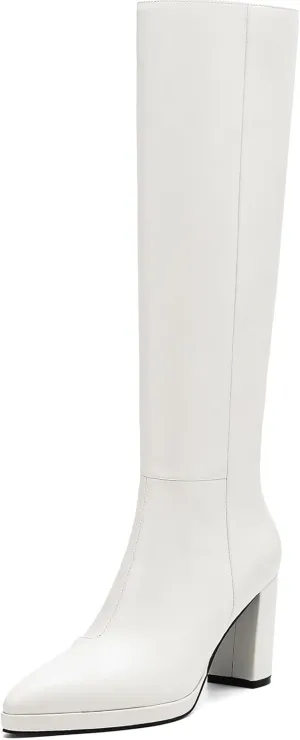Knee High Boots Women Platform Chunky Go Go Boots Pointed Toe Tall Boots Fashion Long Boots Block High Heels Side Zip
