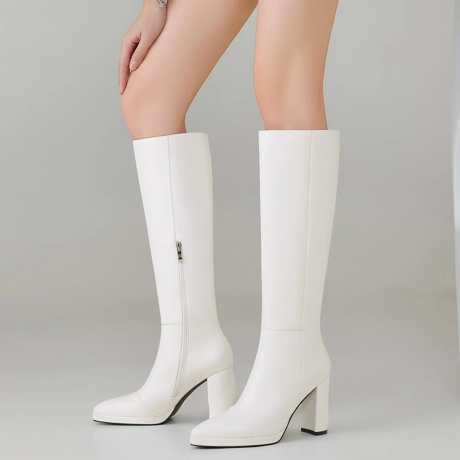 Knee High Boots Women Platform Chunky Go Go Boots Pointed Toe Tall Boots Fashion Long Boots Block High Heels Side Zip