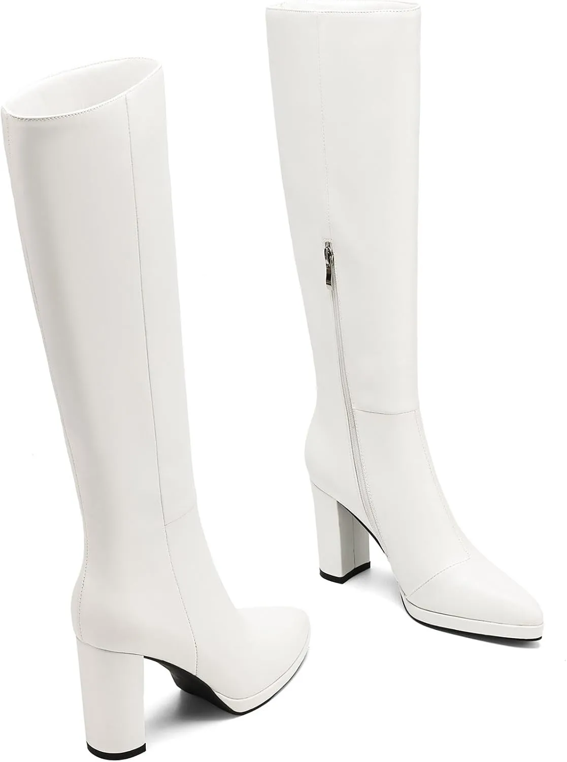 Knee High Boots Women Platform Chunky Go Go Boots Pointed Toe Tall Boots Fashion Long Boots Block High Heels Side Zip