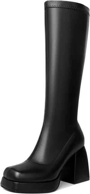 Knee-High Gogo Boots for Women, Square Toe Block Heel Bootie