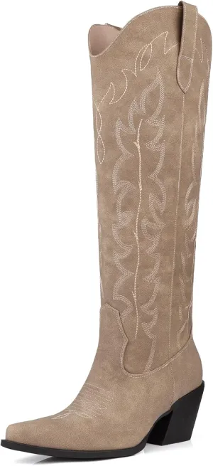 Knee High Wide Calf Cowgirl Boots Women Western Cowboy Boots Pointed Toe Embroidered Boots With Side Half Zip For Lady Boots Size 7-10