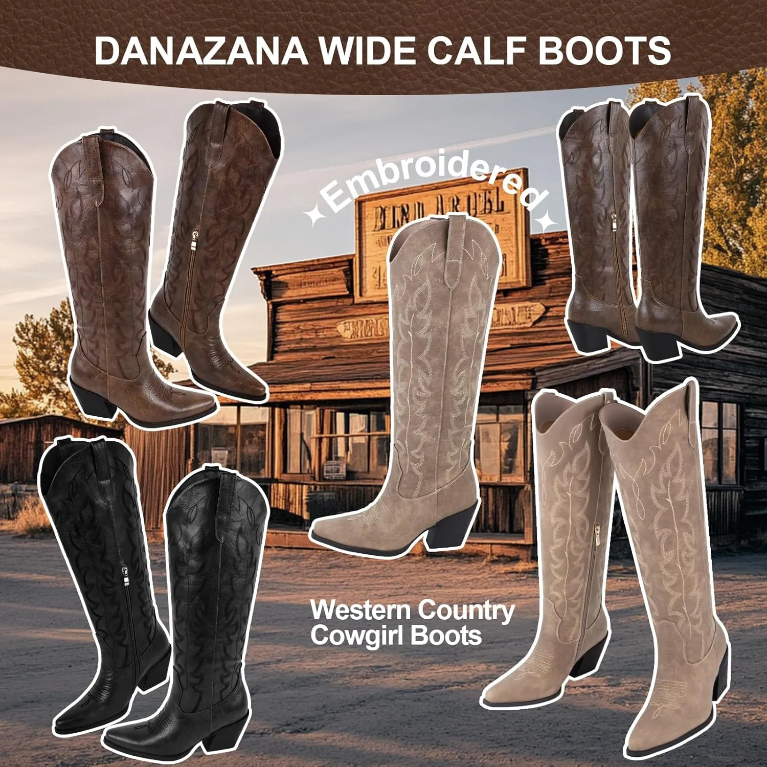 Knee High Wide Calf Cowgirl Boots Women Western Cowboy Boots Pointed Toe Embroidered Boots With Side Half Zip For Lady Boots Size 7-10