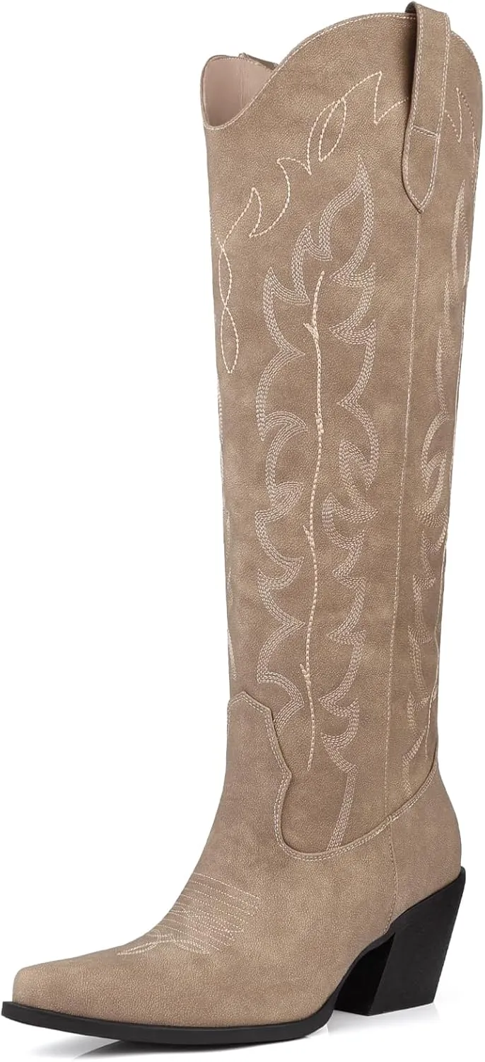 Knee High Wide Calf Cowgirl Boots Women Western Cowboy Boots Pointed Toe Embroidered Boots With Side Half Zip For Lady Boots Size 7-10