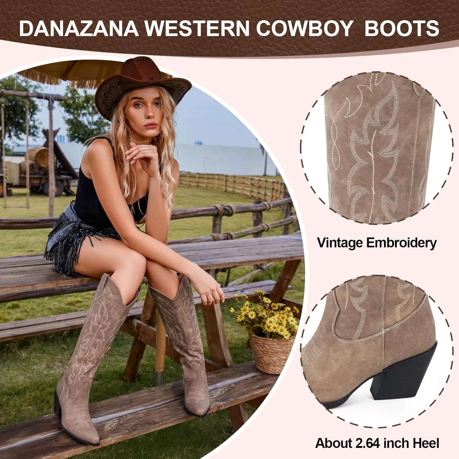 Knee High Wide Calf Cowgirl Boots Women Western Cowboy Boots Pointed Toe Embroidered Boots With Side Half Zip For Lady Boots Size 7-10