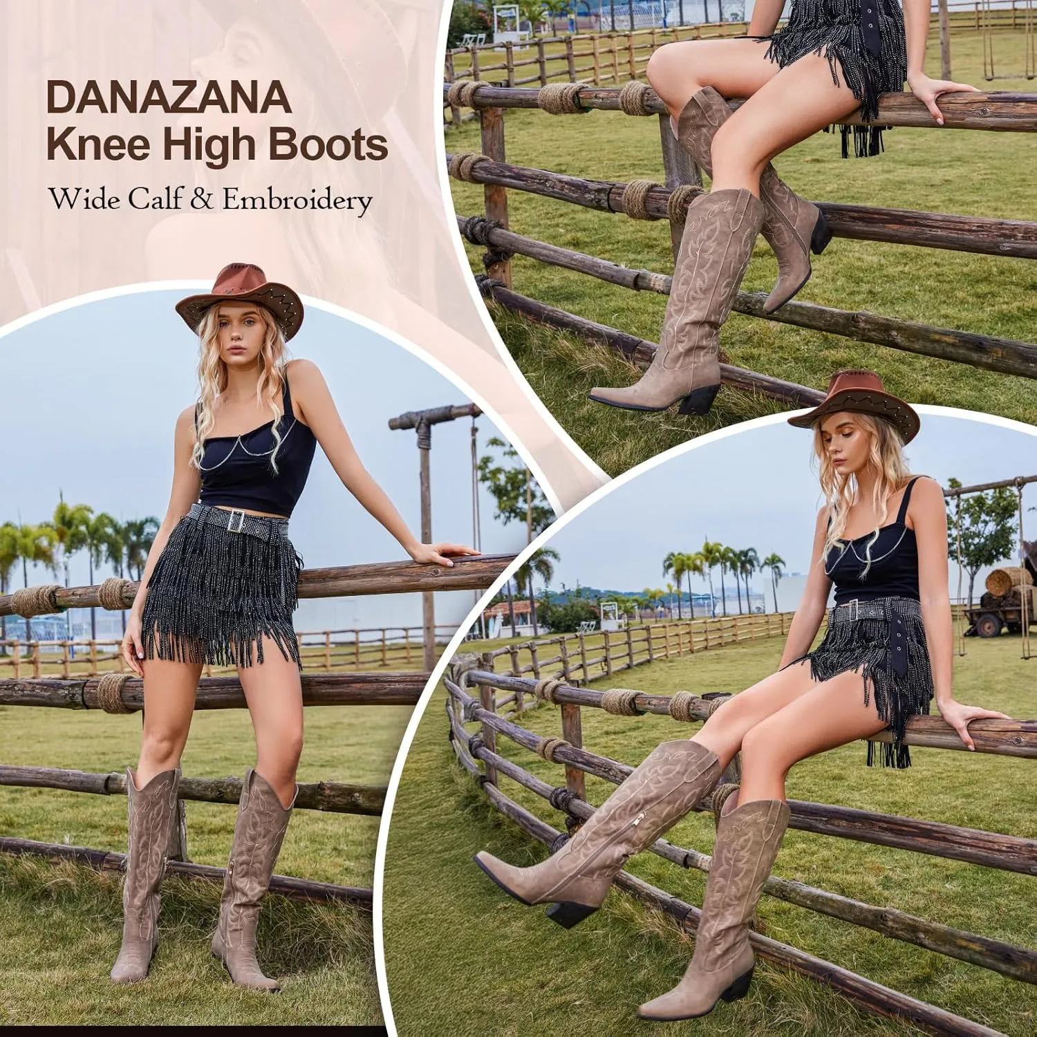 Knee High Wide Calf Cowgirl Boots Women Western Cowboy Boots Pointed Toe Embroidered Boots With Side Half Zip For Lady Boots Size 7-10
