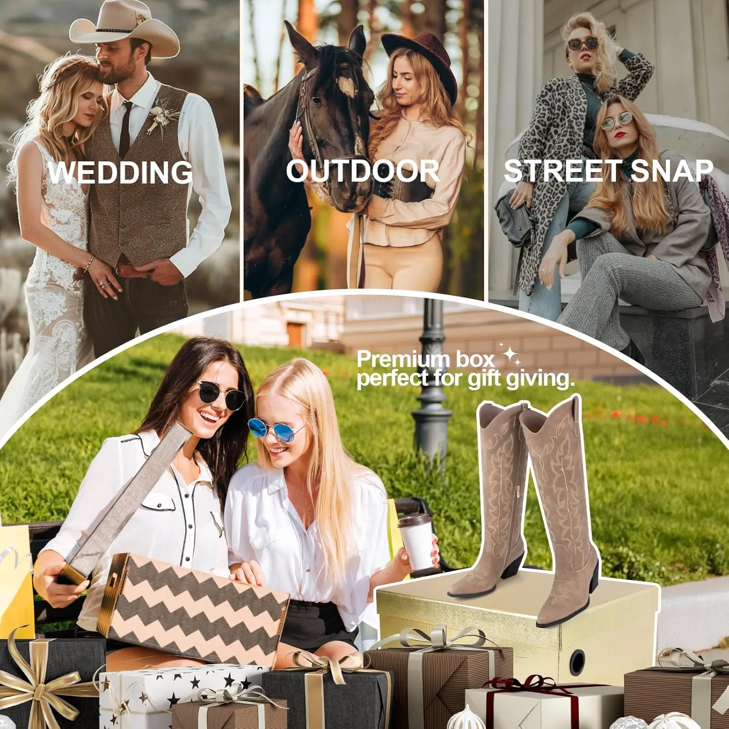 Knee High Wide Calf Cowgirl Boots Women Western Cowboy Boots Pointed Toe Embroidered Boots With Side Half Zip For Lady Boots Size 7-10
