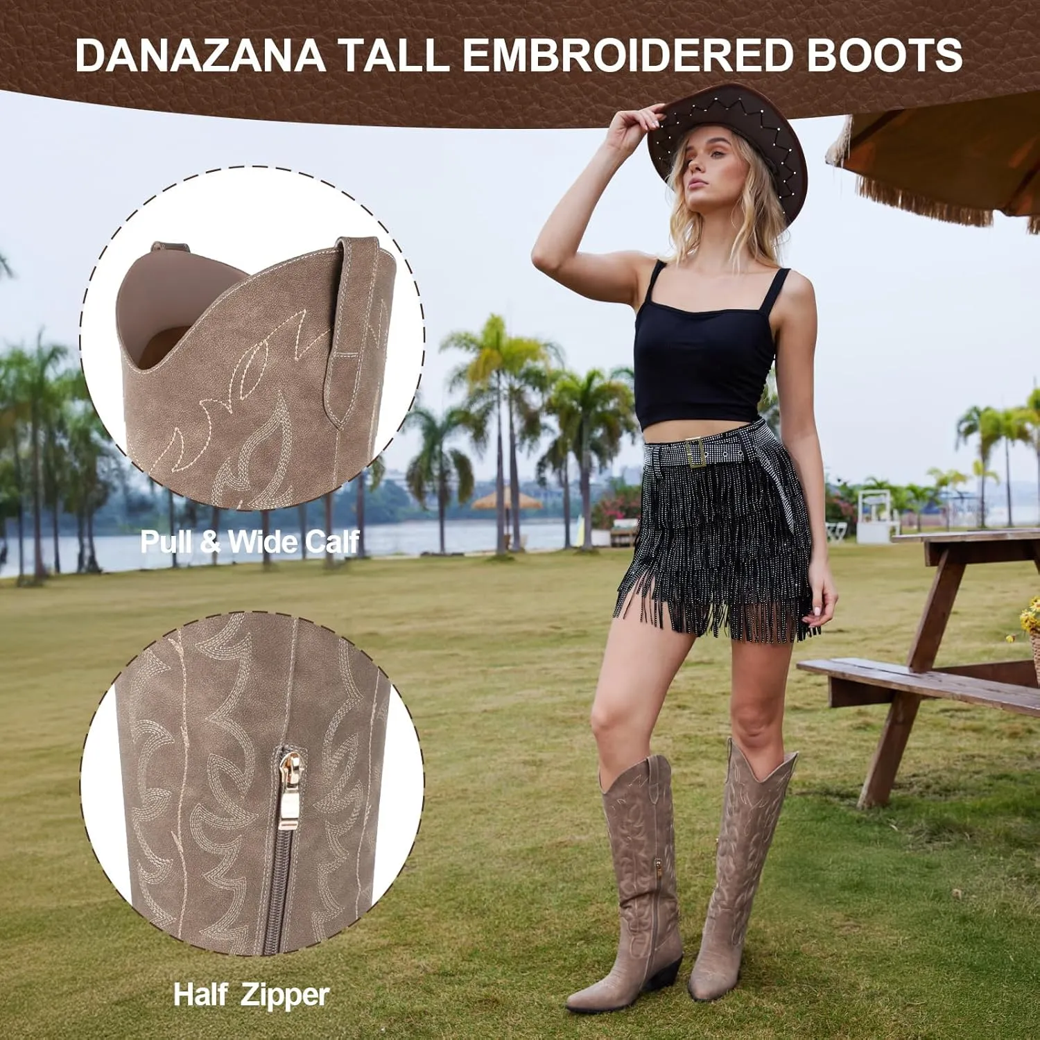 Knee High Wide Calf Cowgirl Boots Women Western Cowboy Boots Pointed Toe Embroidered Boots With Side Half Zip For Lady Boots Size 7-10