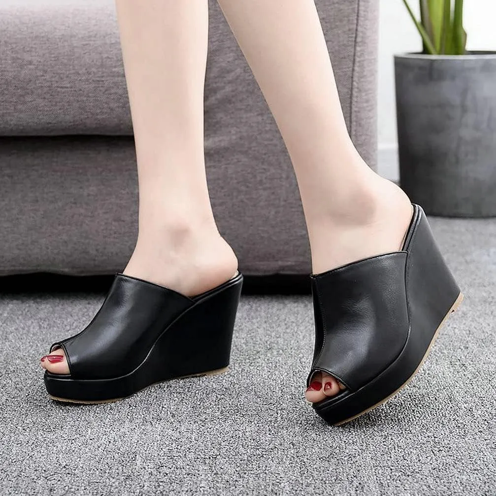 KOKOMOMO Womens Wedges Heels Platform Peep Open Toe Mules Wedge Slide Sandals Summer Beach Shoes