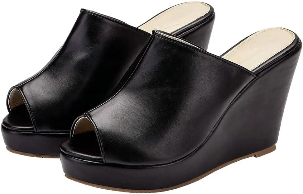 KOKOMOMO Womens Wedges Heels Platform Peep Open Toe Mules Wedge Slide Sandals Summer Beach Shoes