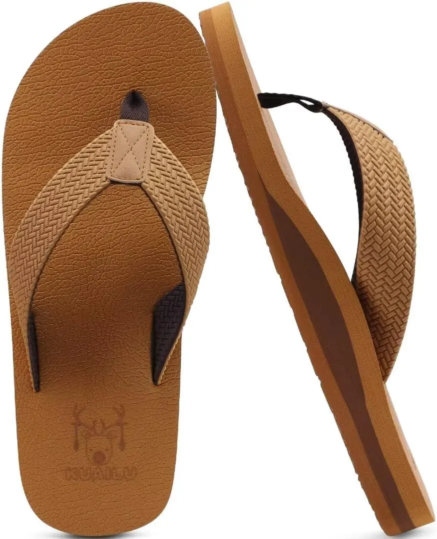 KuaiLu Men's Leather Flip Flops Arch Support Summer Beach Pool Water Thong Sandals Waterproof Rubber Walking Shoes
