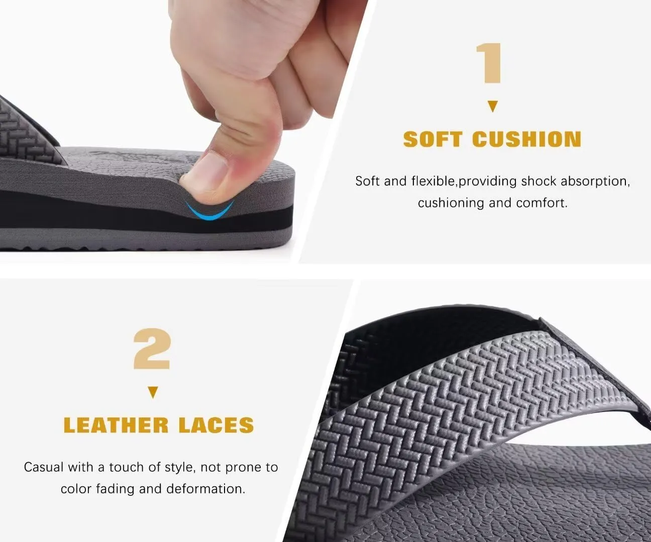 KuaiLu Men's Leather Flip Flops Arch Support Summer Beach Pool Water Thong Sandals Waterproof Rubber Walking Shoes