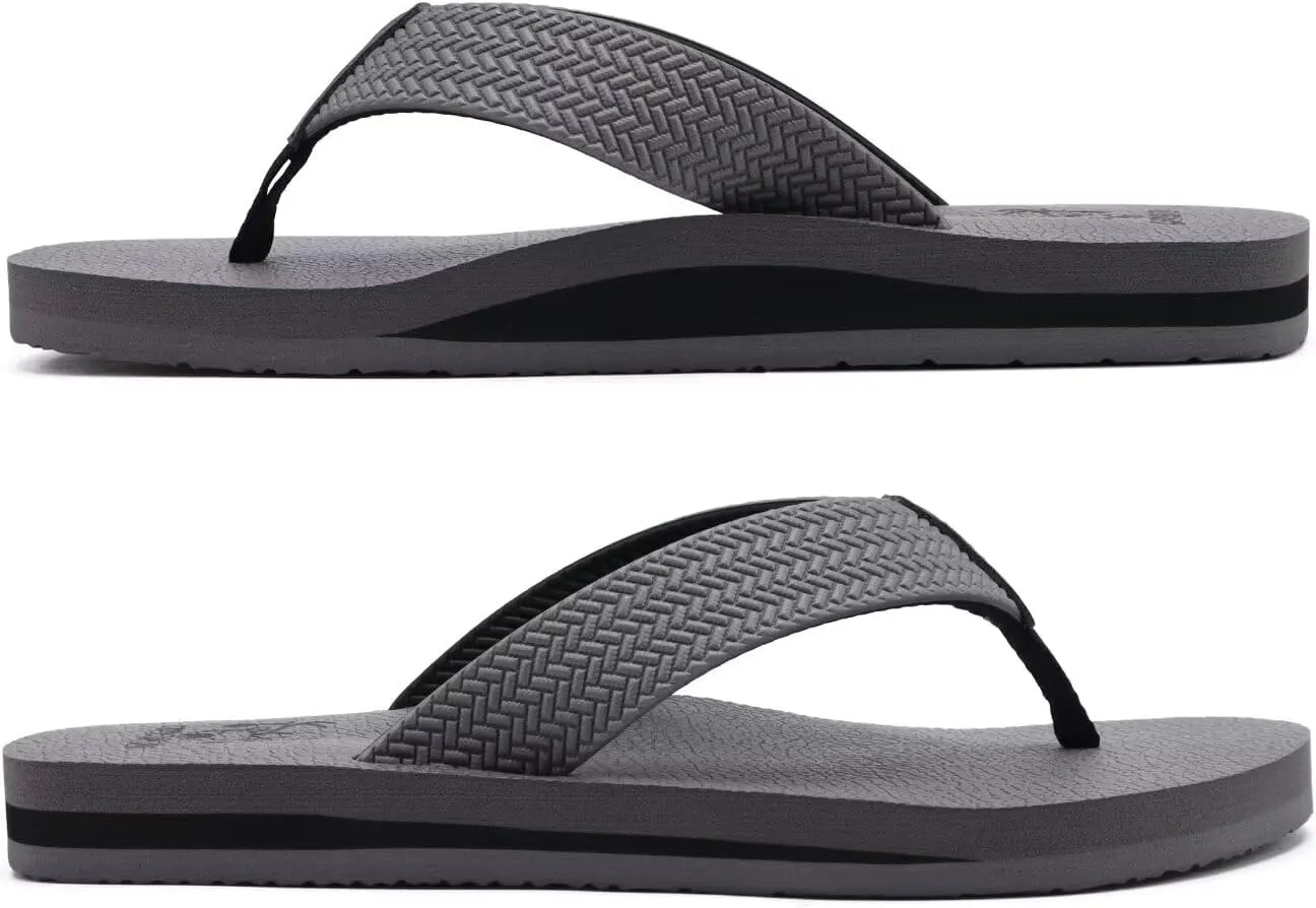 KuaiLu Men's Leather Flip Flops Arch Support Summer Beach Pool Water Thong Sandals Waterproof Rubber Walking Shoes