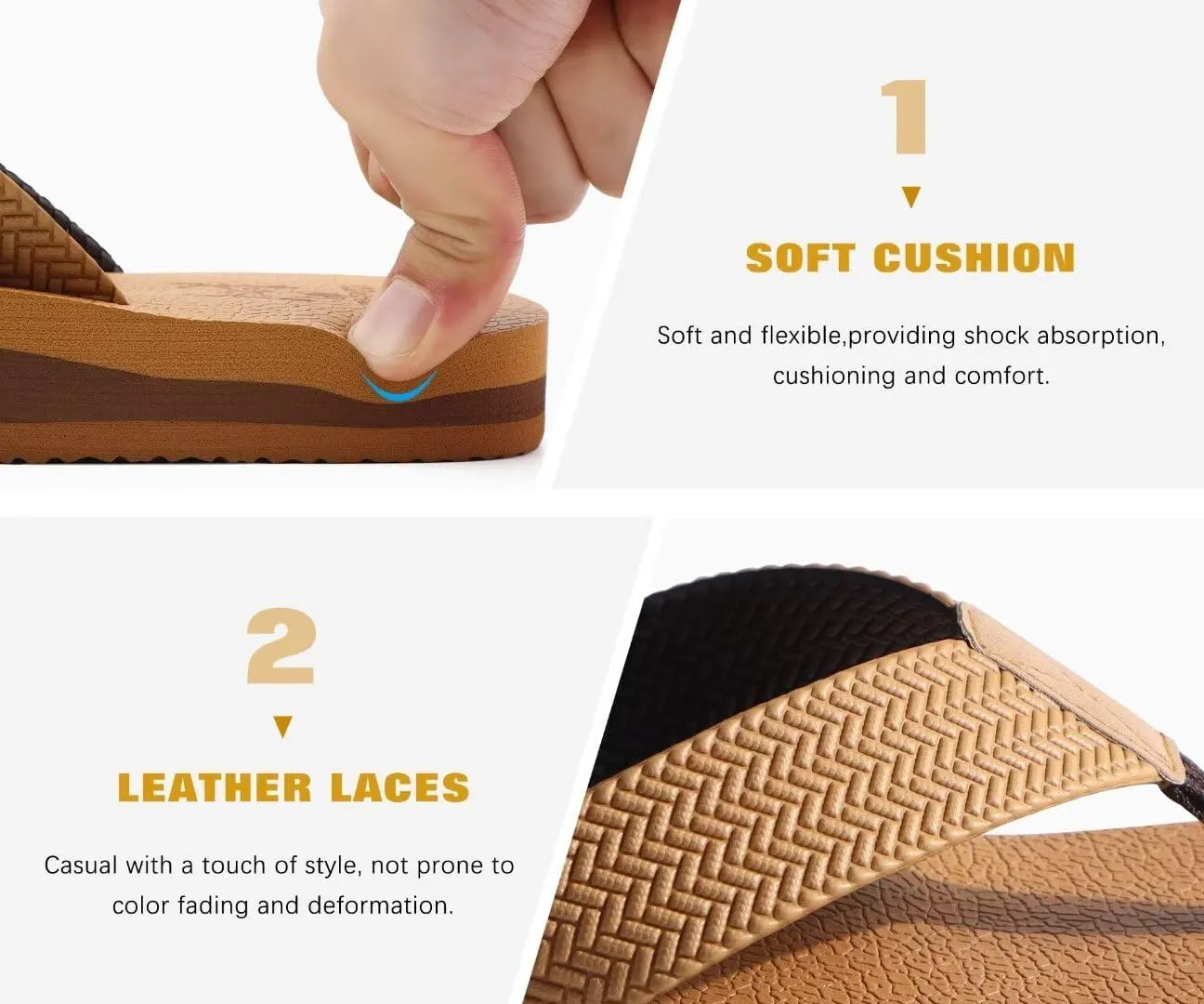 KuaiLu Men's Leather Flip Flops Arch Support Summer Beach Pool Water Thong Sandals Waterproof Rubber Walking Shoes