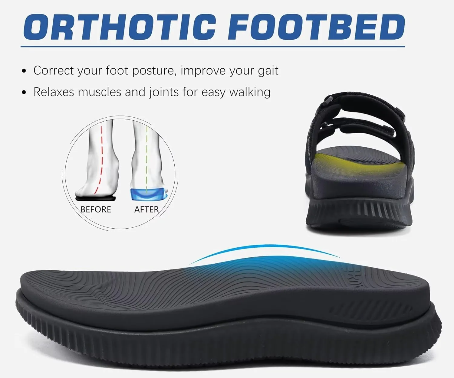 KuaiLu Mens Orthotic Sandals Athletic Thick Cushion Recovery Sport Slides Adjustable Strap Open Toe Walking Sandles With Comfortable Plantar Fasciitis Arch Support