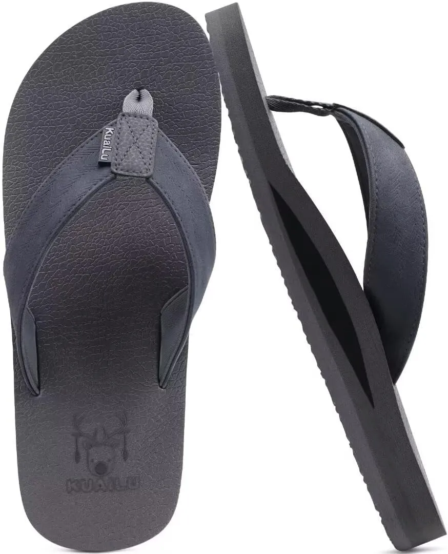 KuaiLu Men's Yoga Mat Leather Flip Flops with Arch Support Comfortable Cushion Walking Thong Sandals Slip On Indoor Outdoor