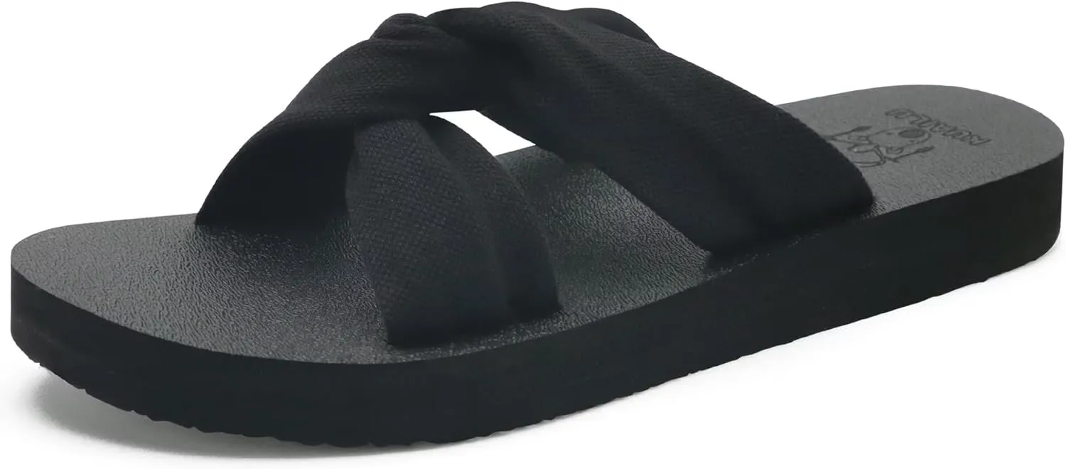 KuaiLu Womens Dressy Sandals with Arch Support Yoga Mat Comfortable Cushion Walking Criss Cross Slides Summer Beach Slip On Indoor Outdoor Slippers