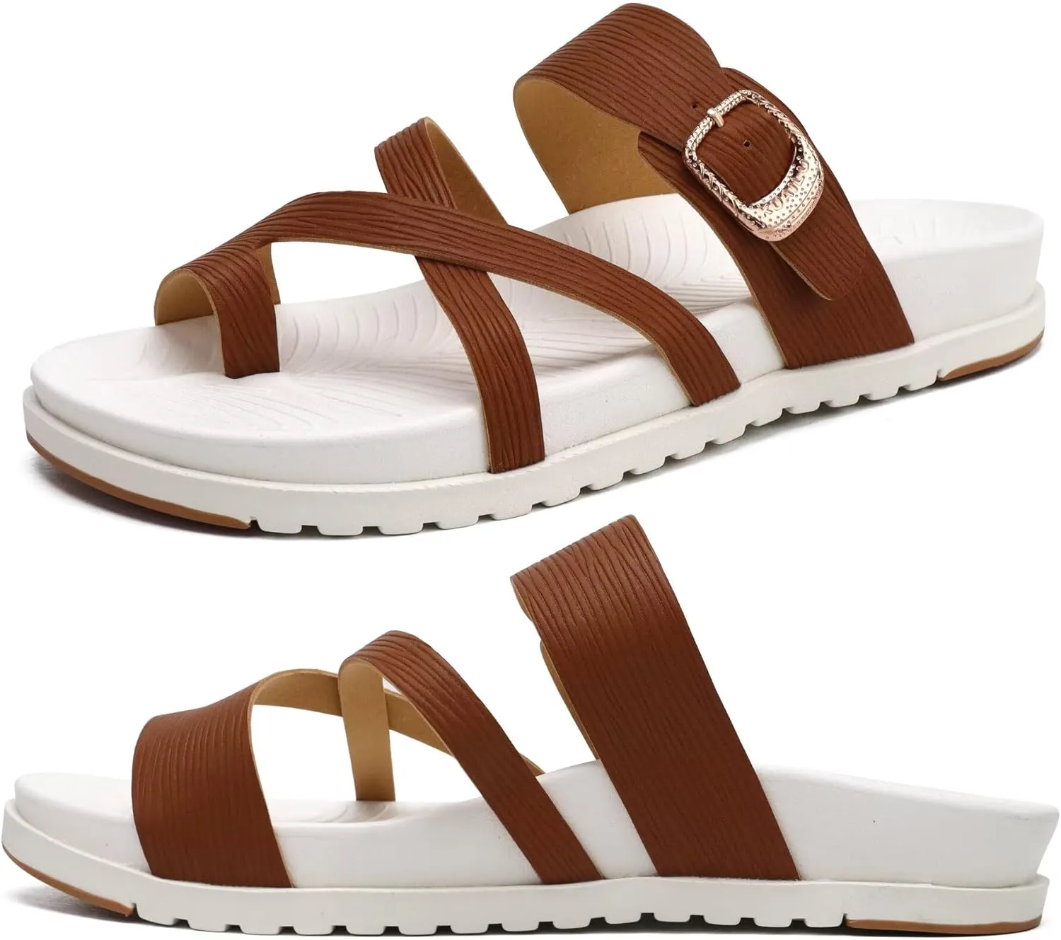 KuaiLu Womens Orthopedic Sandals With Comfortable Arch Support Cushion Yoga Mat Slides Fashion Summer Beach Flat Sandles Adjustable Open Toe Travel Outdoor Plantar Fasciitis Flip Flops Tan White 5