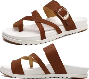 KuaiLu Womens Orthopedic Sandals With Comfortable Arch Support Cushion Yoga Mat Slides Fashion Summer Beach Flat Sandles Adjustable Open Toe Travel Outdoor Plantar Fasciitis Flip Flops Tan White 5