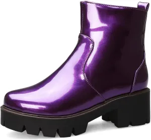 KUUTGG Women's Fashion Dressy Ankle Boots Patent Leather Round Toe Platform Zip Chunky Mid Heel Short Booties