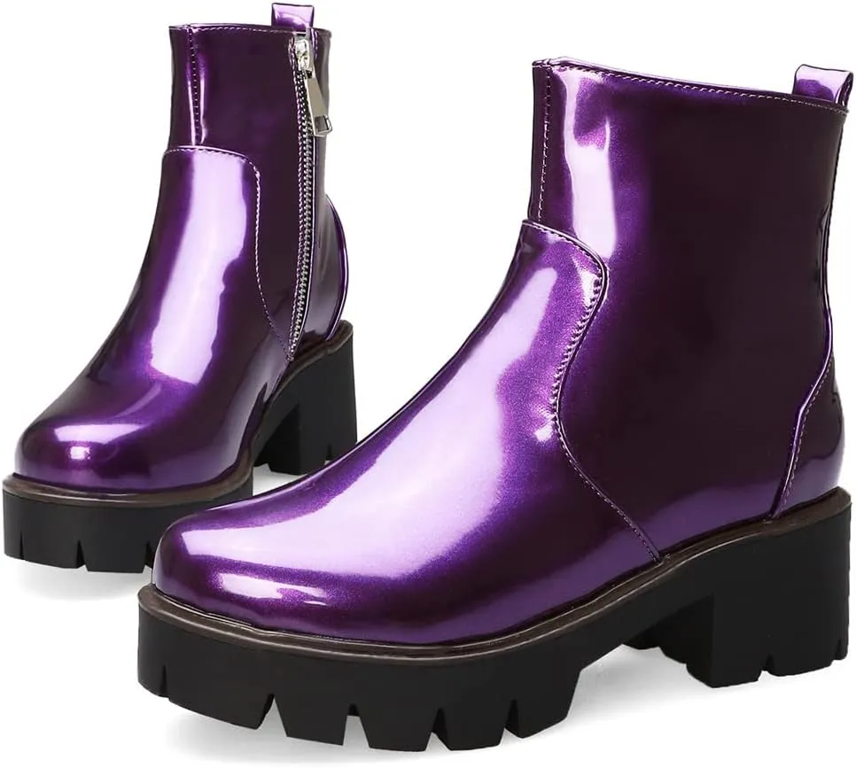 KUUTGG Women's Fashion Dressy Ankle Boots Patent Leather Round Toe Platform Zip Chunky Mid Heel Short Booties