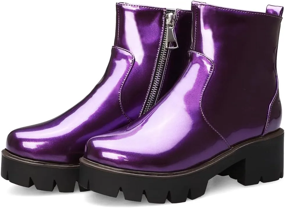 KUUTGG Women's Fashion Dressy Ankle Boots Patent Leather Round Toe Platform Zip Chunky Mid Heel Short Booties