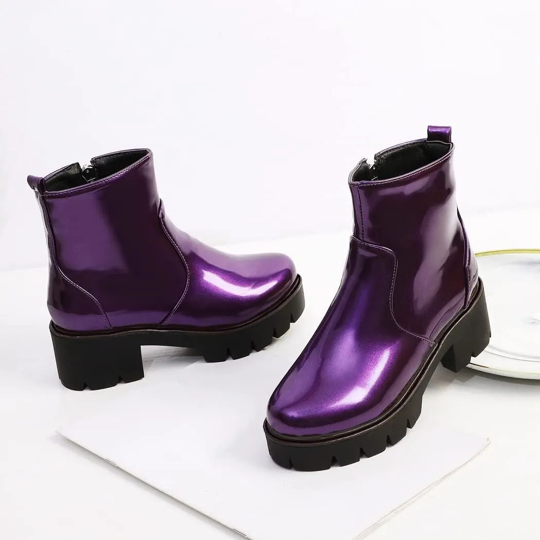 KUUTGG Women's Fashion Dressy Ankle Boots Patent Leather Round Toe Platform Zip Chunky Mid Heel Short Booties