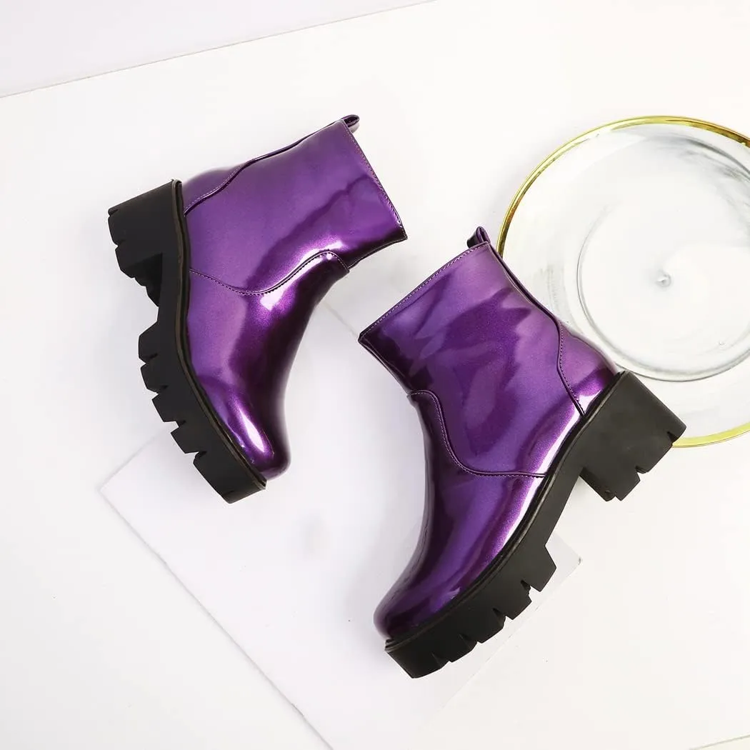 KUUTGG Women's Fashion Dressy Ankle Boots Patent Leather Round Toe Platform Zip Chunky Mid Heel Short Booties