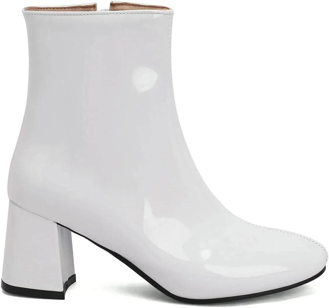 KysBloes Women Patent Leather GOGO Boots Square Toe Chunky Heel Ankle Boots Side Zip Block Heel Winter Booties